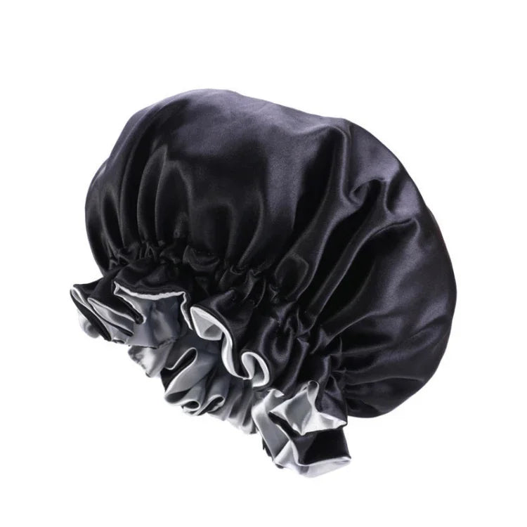 TJM-443A Chapeau de nuit double couche en satin avec grande dentelle, chapeau rond, bonnet de chimiothérapie, taille unique ajustable