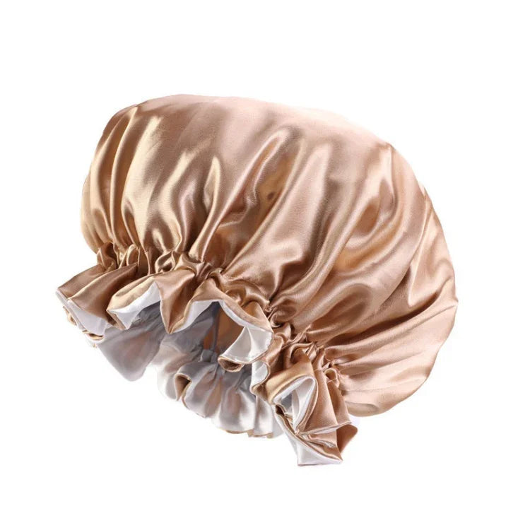 TJM-443A Chapeau de nuit double couche en satin avec grande dentelle, chapeau rond, bonnet de chimiothérapie, taille unique ajustable