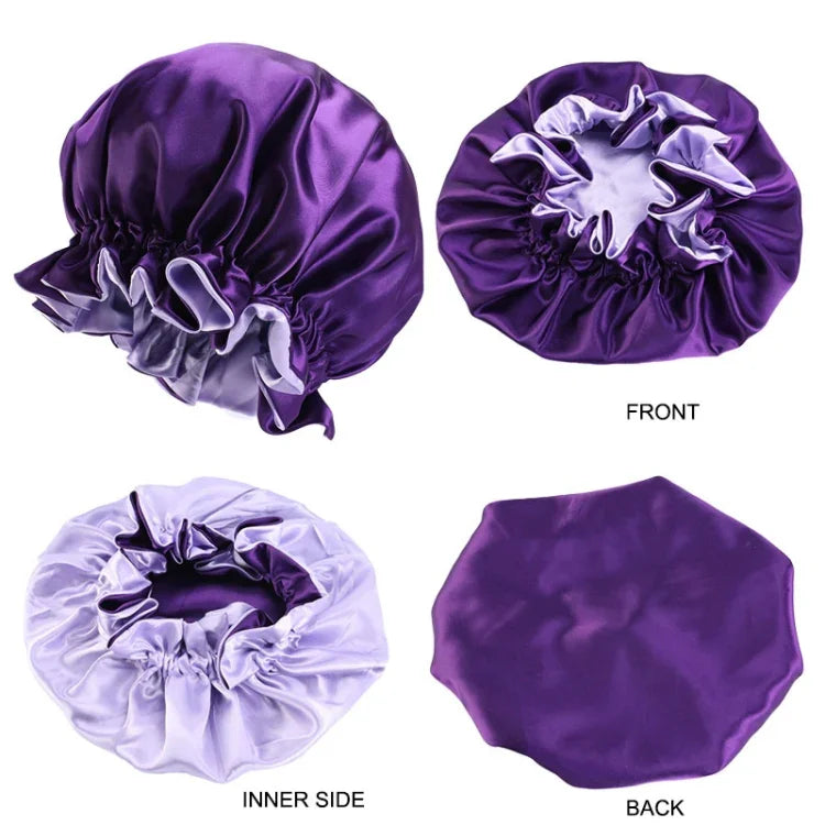 TJM-443A Chapeau de nuit double couche en satin avec grande dentelle, chapeau rond, bonnet de chimiothérapie, taille unique ajustable