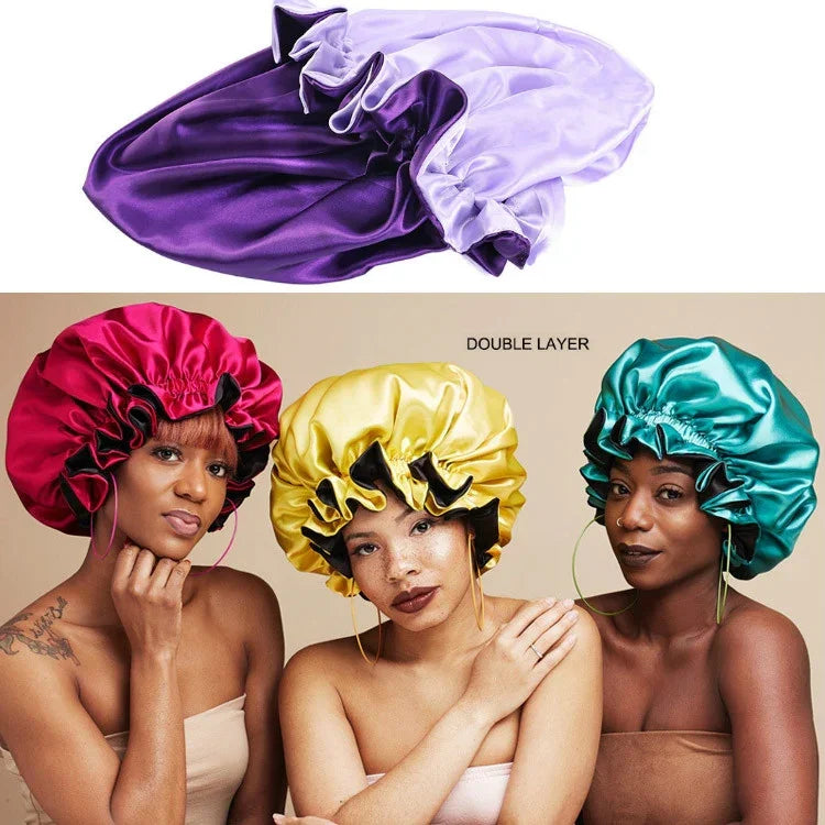 TJM-443A Chapeau de nuit double couche en satin avec grande dentelle, chapeau rond, bonnet de chimiothérapie, taille unique ajustable