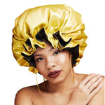 TJM-443A Chapeau de nuit double couche en satin avec grande dentelle, chapeau rond, bonnet de chimiothérapie, taille unique ajustable
