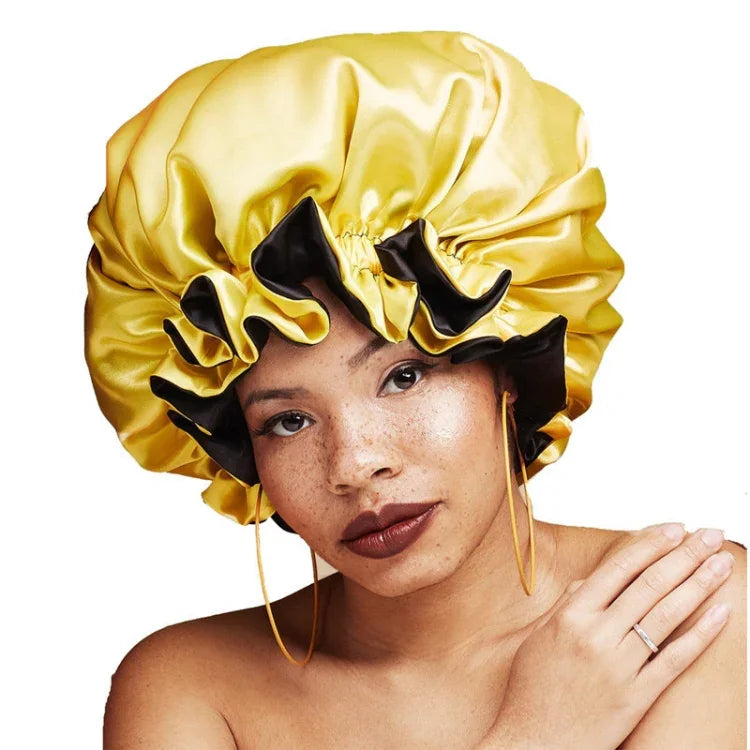 TJM-443A Chapeau de nuit double couche en satin avec grande dentelle, chapeau rond, bonnet de chimiothérapie, taille unique ajustable