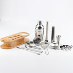 Ensemble de Shaker à Cocktail 18 en 1 en Acier Inoxydable, Base Ovale en Bambou, Kit d'Outils de Bar, 350ml, 550ml, 750ml