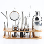 Ensemble de Shaker à Cocktail 18 en 1 en Acier Inoxydable, Base Ovale en Bambou, Kit d'Outils de Bar, 350ml, 550ml, 750ml