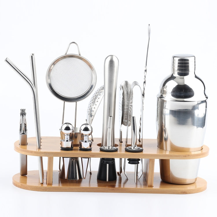 Ensemble de Shaker à Cocktail 18 en 1 en Acier Inoxydable, Base Ovale en Bambou, Kit d'Outils de Bar, 350ml, 550ml, 750ml