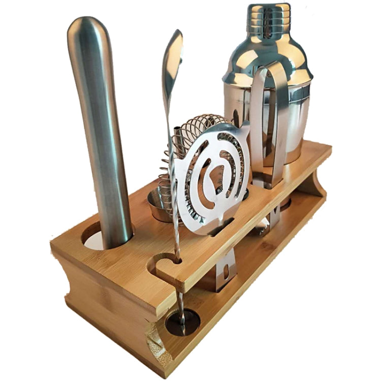 Ensemble de 10 pièces en acier inoxydable pour cocktail avec support en bambou, bec oblique, outils de barman, 350 ml, 550 ml, 750 ml
