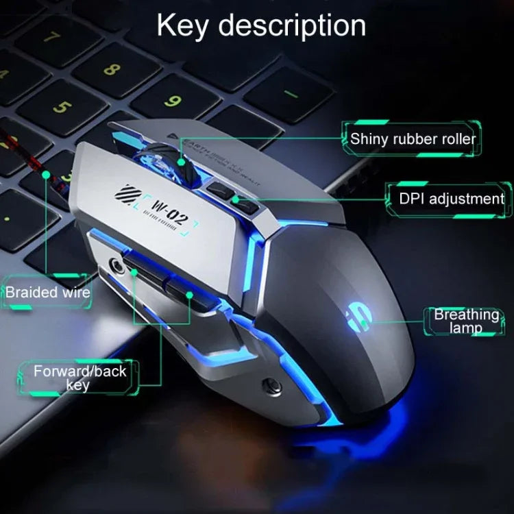 Souris filaire de jeu mécanique USB Inphic W-02 6 boutons, programmation macro lumineuse, pour bureau ou maison, W-02 (gris métallisé)