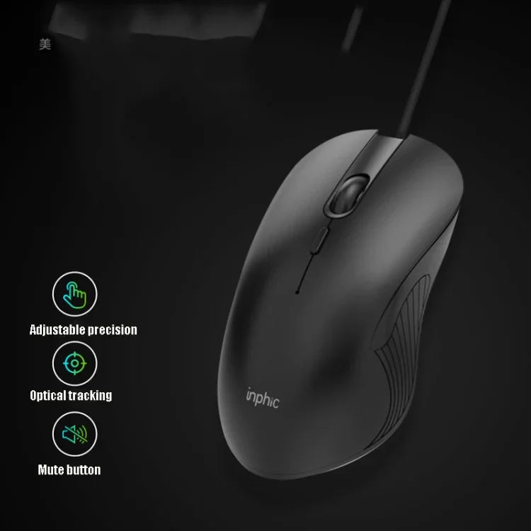 Souris filaire gaming Inphic PB1 Business Office Mute Macro Definition, longueur du câble : 1,5 m, lumière respirante classique à l'arrière, lumière respirante blanche mate