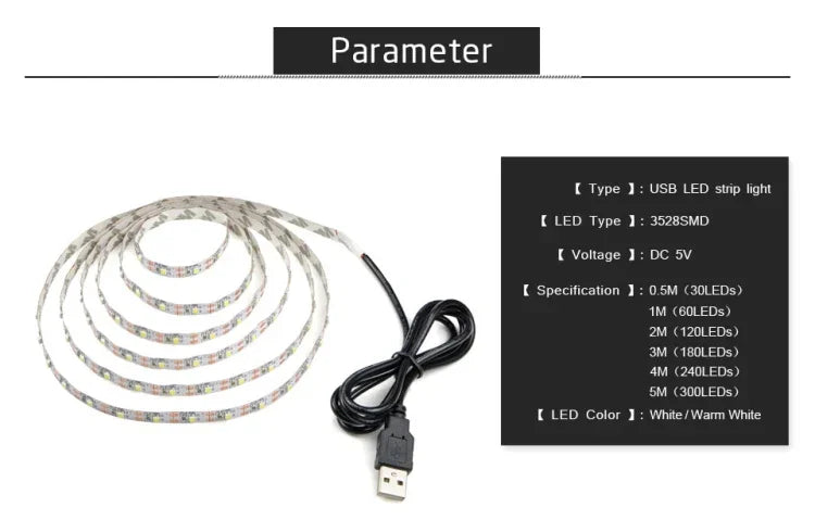 Bande LED époxy SMD 2835 alimentée par USB lampe décorative de bureau de Noël pour éclairage de fond TV, 1m, 5m