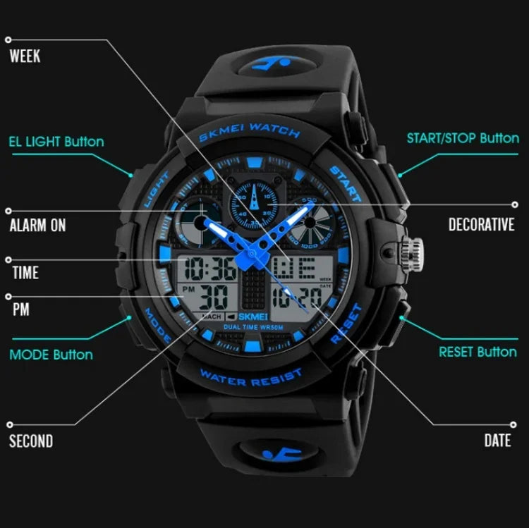 Montre numérique étanche double affichage SKMEI 1270 Homme Montre sport extérieure, Rouge, Vert, Bleu, Gris, Doré