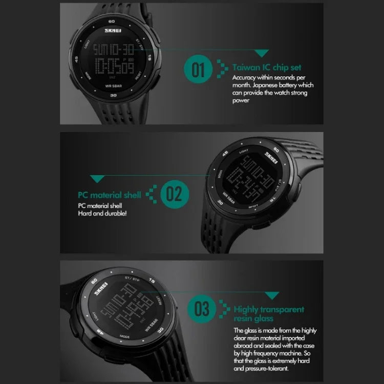 SKMEI 1219 Men Multi-Function Electronic Watch Outdoor Sports Watch, Green, Blue, Black, Rose Gold, Silver
