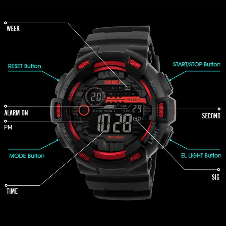 Montre de sport pour homme SKMEI 1243, étanche pour extérieur, montre numérique, rouge, noir, doré