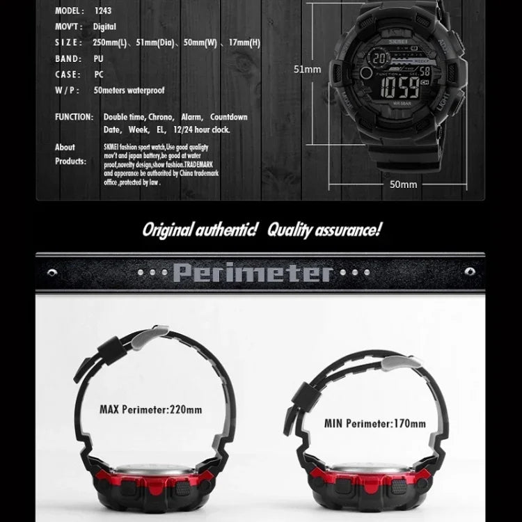 Montre de sport pour homme SKMEI 1243, étanche pour extérieur, montre numérique, rouge, noir, doré