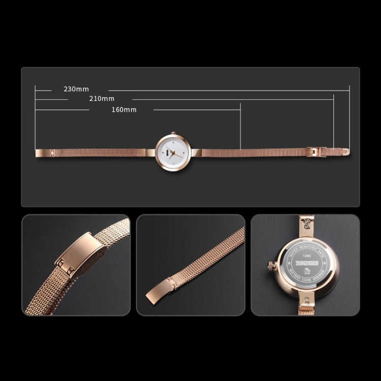Montre décontractée business pour femme SKMEI 1390, bracelet en acier, montre quartz légère, rose doré, doré, argenté