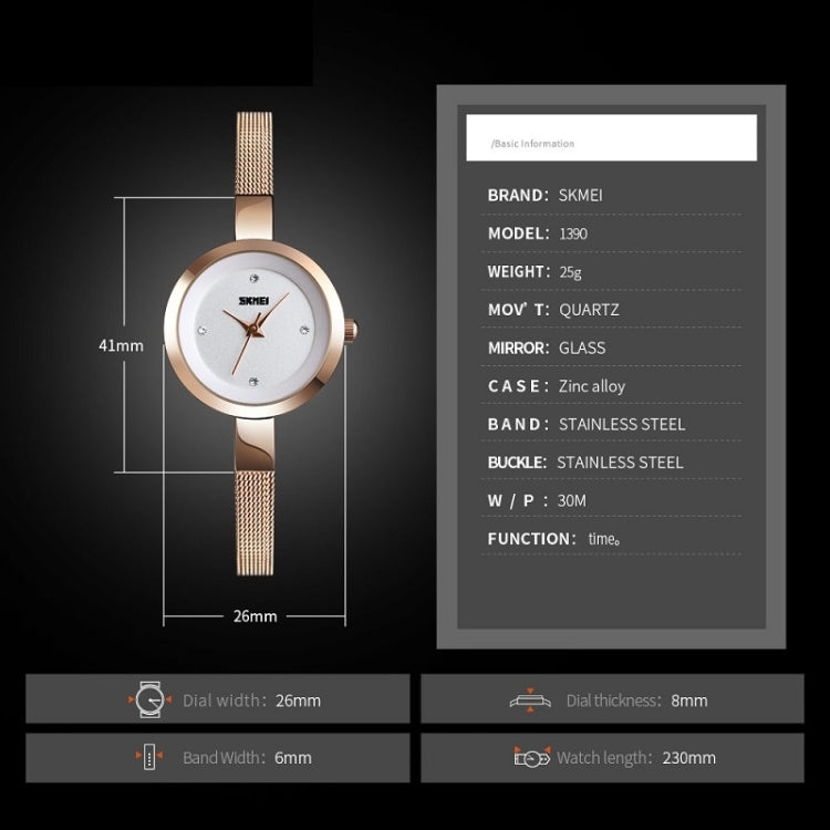 Montre décontractée business pour femme SKMEI 1390, bracelet en acier, montre quartz légère, rose doré, doré, argenté
