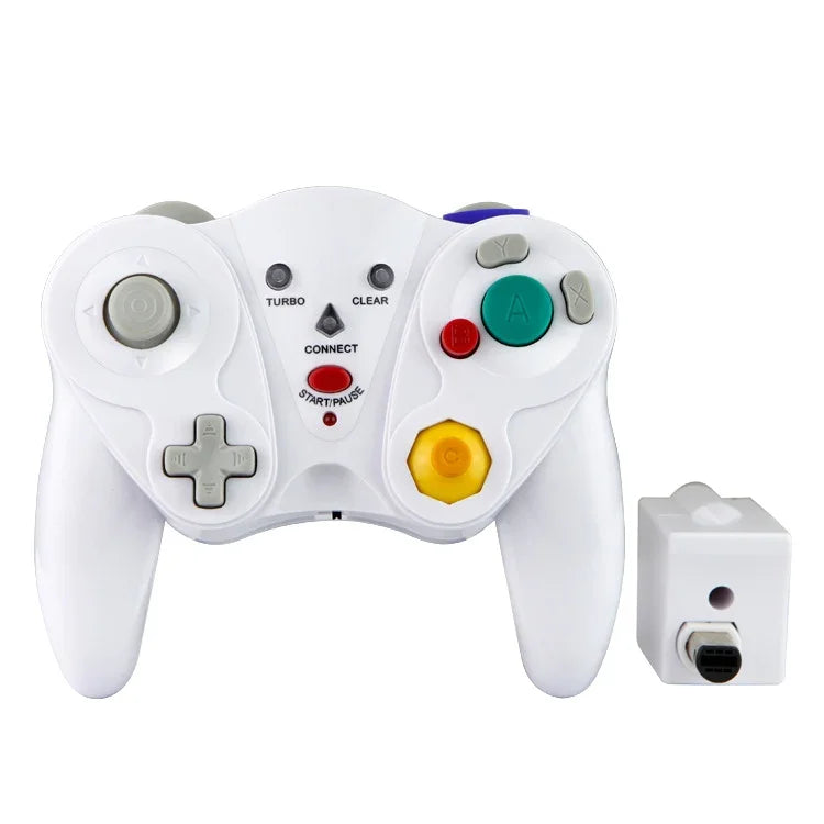 Manette sans fil HY-5201 2,4 GHz pour Nintendo GameCube (NGC), disponible en blanc, violet, noir, orange et argent.