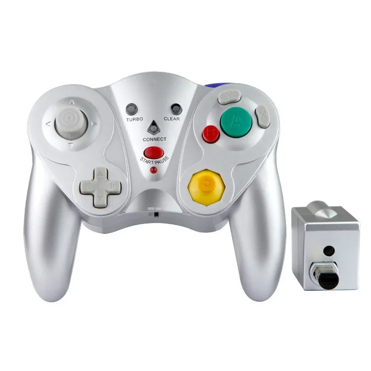 Manette sans fil HY-5201 2,4 GHz pour Nintendo GameCube (NGC), disponible en blanc, violet, noir, orange et argent.