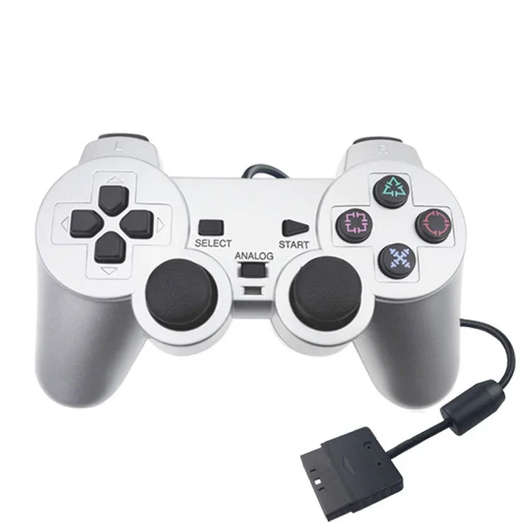 Manette de jeu filaire à double moteur de vibration, couleur argent, compatible PS2.