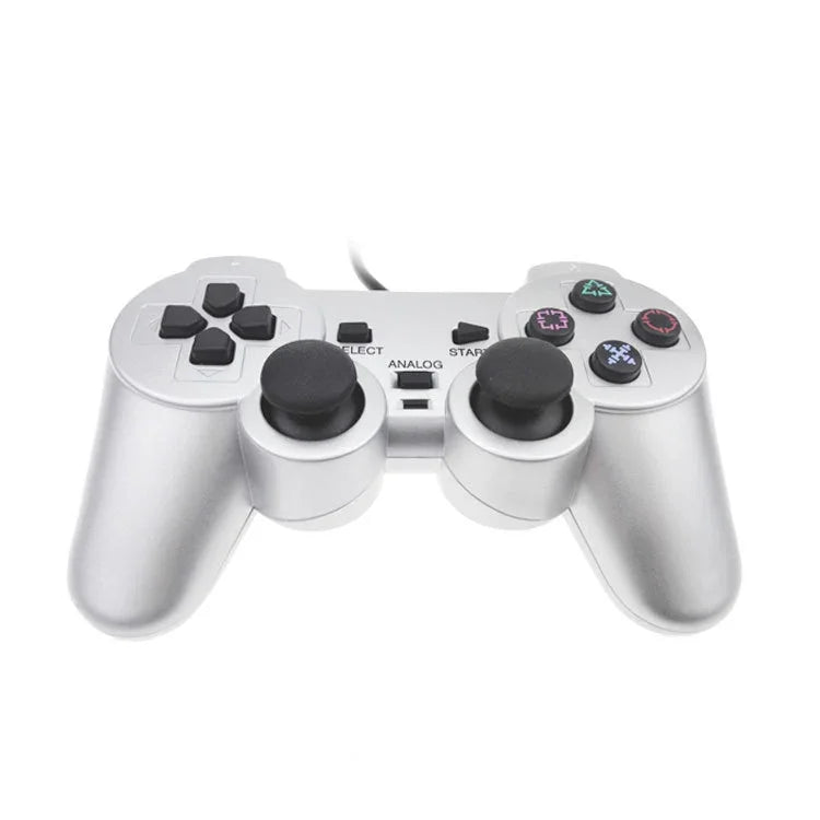 Manette de jeu filaire à double moteur de vibration, couleur argent, compatible PS2.