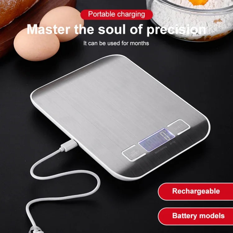 Balance électronique de cuisine portable en acier inoxydable pour aliments, 5kg/1g (modèle à piles blanc), 5kg/1g (modèle à piles noir), 10kg/1g (modèle à piles blanc), 5kg/1g (rechargeable blanc), 10kg/1g (rechargeable blanc)