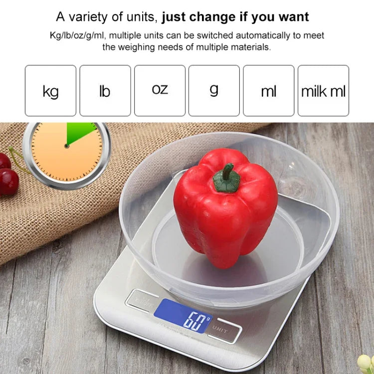 Balance électronique de cuisine portable en acier inoxydable pour aliments, 5kg/1g (modèle à piles blanc), 5kg/1g (modèle à piles noir), 10kg/1g (modèle à piles blanc), 5kg/1g (rechargeable blanc), 10kg/1g (rechargeable blanc)