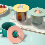 Couvercle de tasse en silicone en forme d'oreilles de lapin de qualité alimentaire, couvercle d'étanchéité de tasse de dessin animé anti-poussière et anti-fuite, jaune, vert, rose