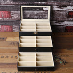 Boîte de rangement et de présentation pour lunettes de soleil en cuir PU personnalisée à trois couches, 18 grilles, taille : 33,5x19,5x22,5 cm