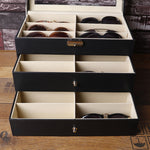 Boîte de rangement et de présentation pour lunettes de soleil en cuir PU personnalisée à trois couches, 18 grilles, taille : 33,5x19,5x22,5 cm