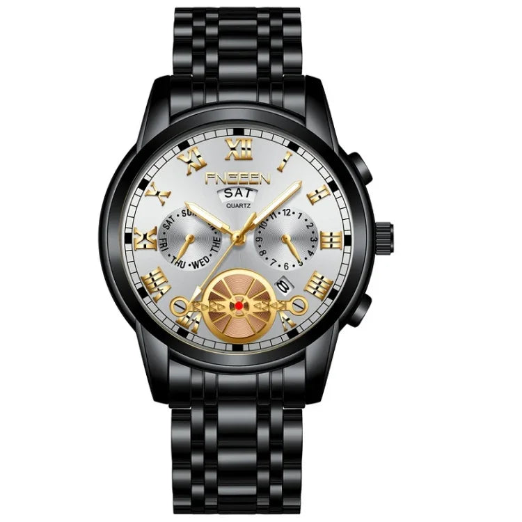 FNGEEN 4001 Montre Homme Non Mécanique Multifonction Quartz, Acier Noir Cadran Blanc Clous Dorés, Cuir Marron Cadran Or Noir