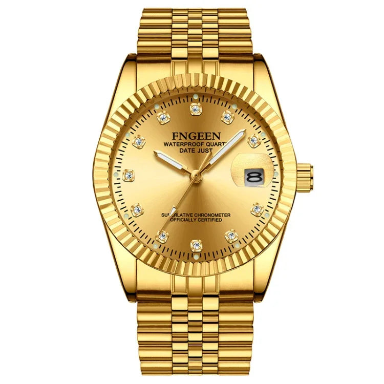 FNGEEN 7008 Montre de couple à cadran diamant pour homme, surface dorée complète, surface noire dorée complète, surface blanche dorée complète, surface dorée, surface noire dorée, surface blanche dorée, cuir marron surface dorée complète