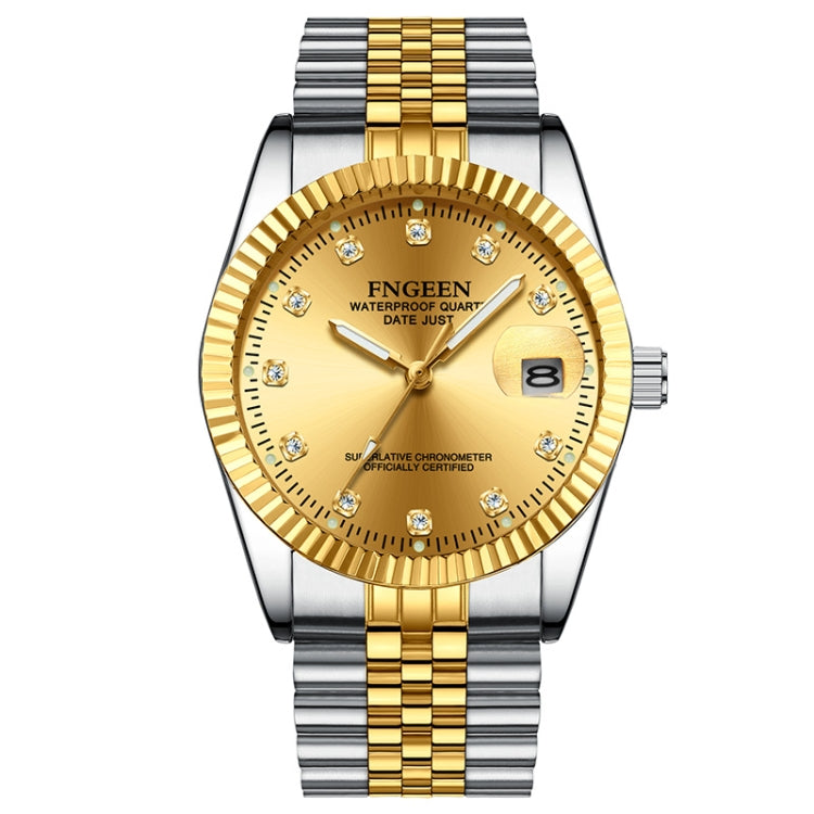FNGEEN 7008 Montre de couple à cadran diamant pour homme, surface dorée complète, surface noire dorée complète, surface blanche dorée complète, surface dorée, surface noire dorée, surface blanche dorée, cuir marron surface dorée complète