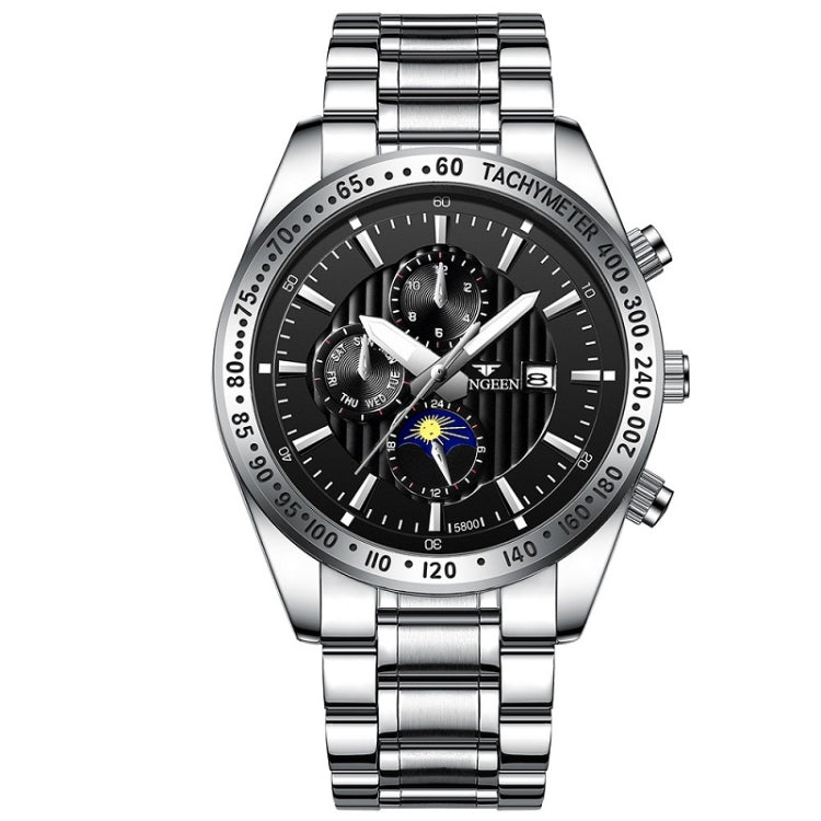 Montre quartz FNGEEN 5800 pour homme à trois cadrans et six aiguilles, surface acier noir, surface acier noir et blanc, surface acier blanc et noir, surface acier blanc, cuir noir acier noir surface noire