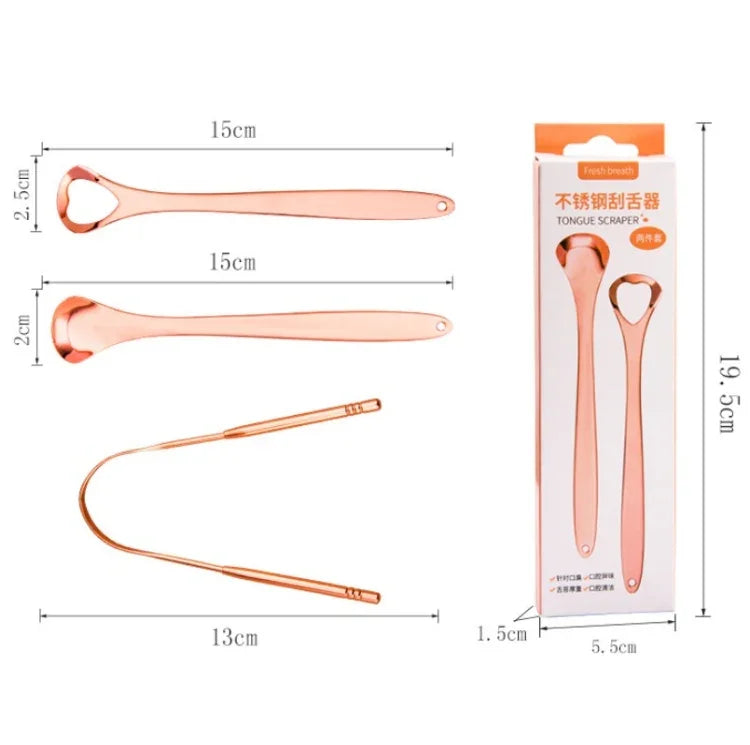 Grattoir à Langue en Acier Inoxydable pour Mauvaise Haleine + Ensemble de Deux Pièces (Or Rose), Grattoir à Langue + Ensemble de Deux Pièces (Argent), Grattoir à Langue + Ensemble de Deux Pièces (Or Rose)