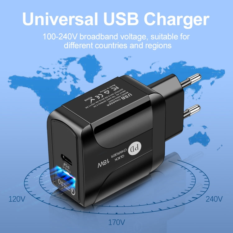 Chargeur de voyage rapide 18W PD + QC 3.0 avec fonction d'indication LED, prise EU noir, prise US noir, prise UK noir, prise EU blanc, prise US blanc, prise UK blanc