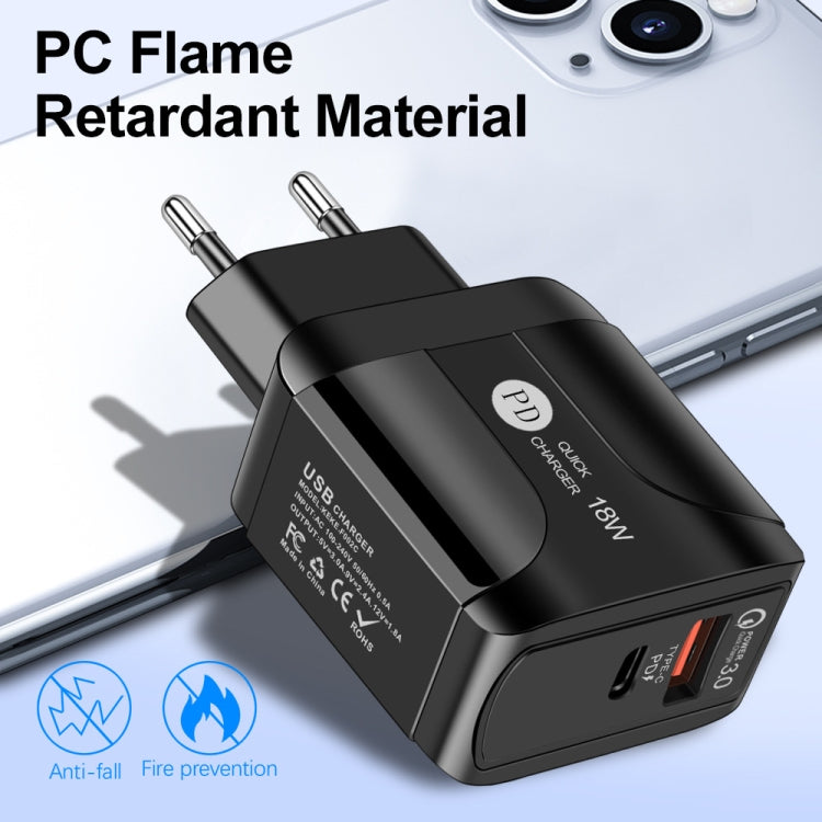 Chargeur de voyage rapide 18W PD + QC 3.0 avec fonction d'indication LED, prise EU noir, prise US noir, prise UK noir, prise EU blanc, prise US blanc, prise UK blanc