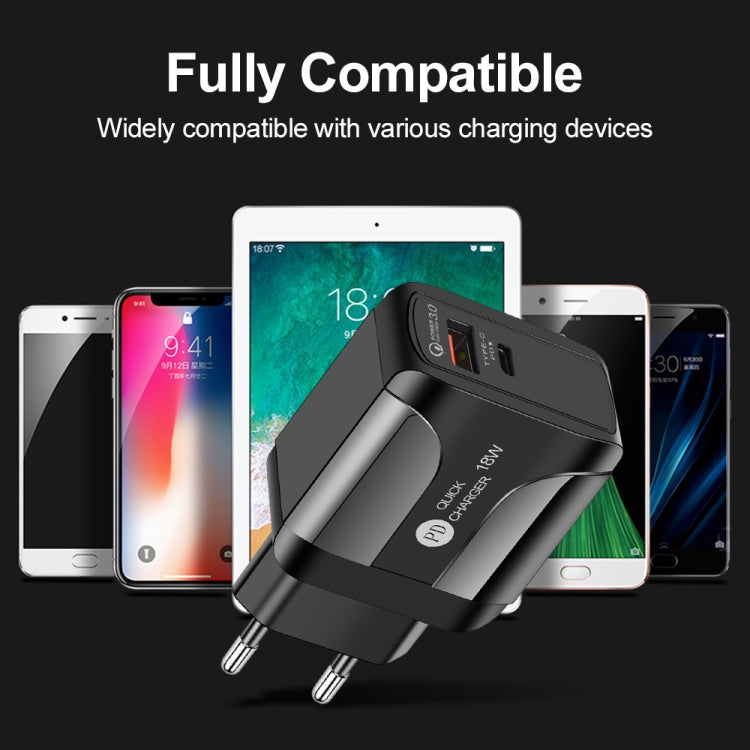 Chargeur de voyage rapide 18W PD + QC 3.0 avec fonction d'indication LED, prise EU noir, prise US noir, prise UK noir, prise EU blanc, prise US blanc, prise UK blanc