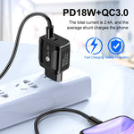 Chargeur de voyage rapide 18W PD + QC 3.0 avec fonction d'indication LED, prise EU noir, prise US noir, prise UK noir, prise EU blanc, prise US blanc, prise UK blanc
