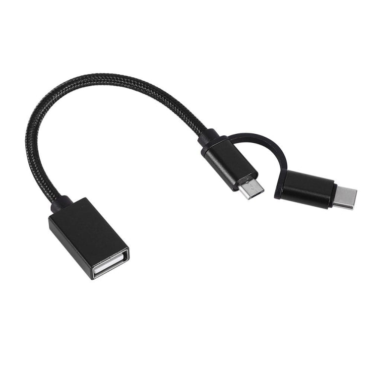 Câble adaptateur OTG tressé en nylon USB 3.0 Femelle vers Micro USB + USB-C / Type-C Mâle pour charge et transmission, Longueur du câble : 19cm, Or, Argent, Noir, Rose, Bleu, Rouge