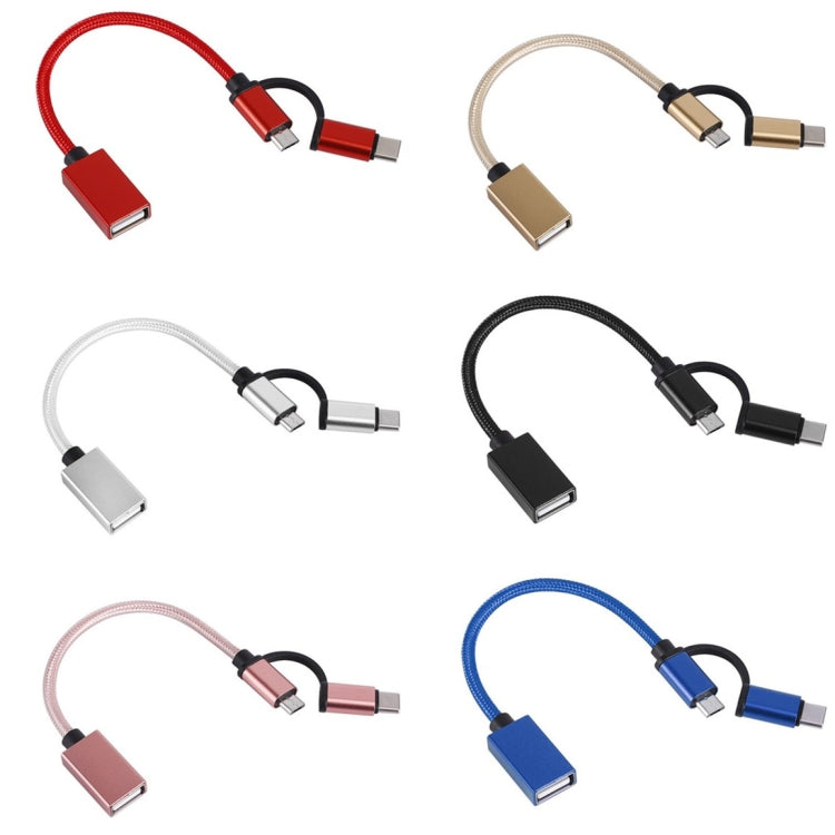 Câble adaptateur OTG tressé en nylon USB 3.0 Femelle vers Micro USB + USB-C / Type-C Mâle pour charge et transmission, Longueur du câble : 19cm, Or, Argent, Noir, Rose, Bleu, Rouge