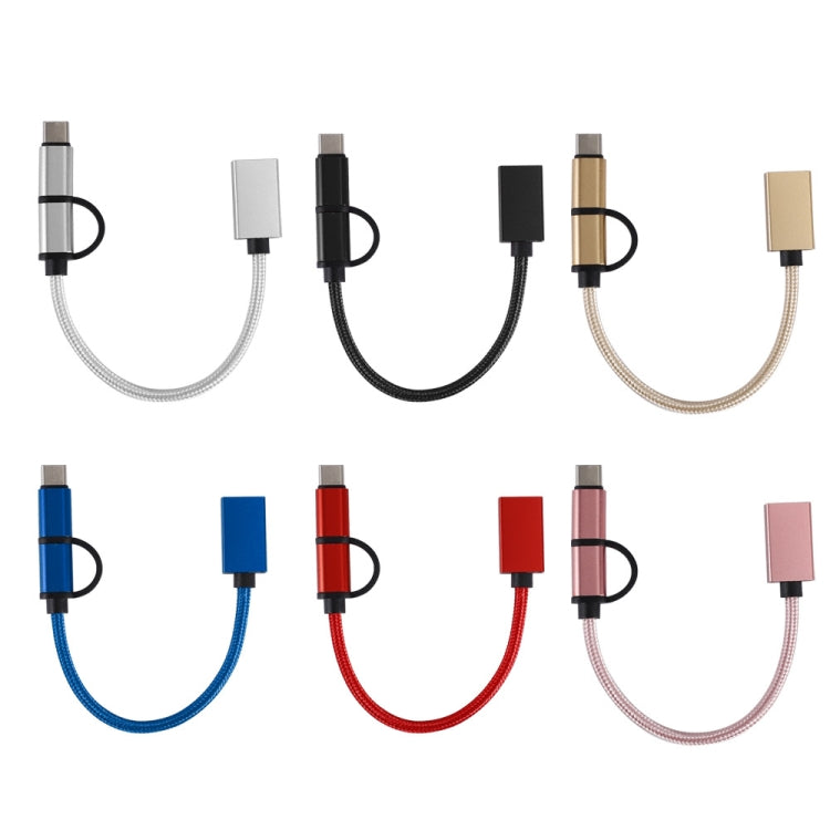 Câble adaptateur OTG tressé en nylon USB 3.0 Femelle vers Micro USB + USB-C / Type-C Mâle pour charge et transmission, Longueur du câble : 19cm, Or, Argent, Noir, Rose, Bleu, Rouge
