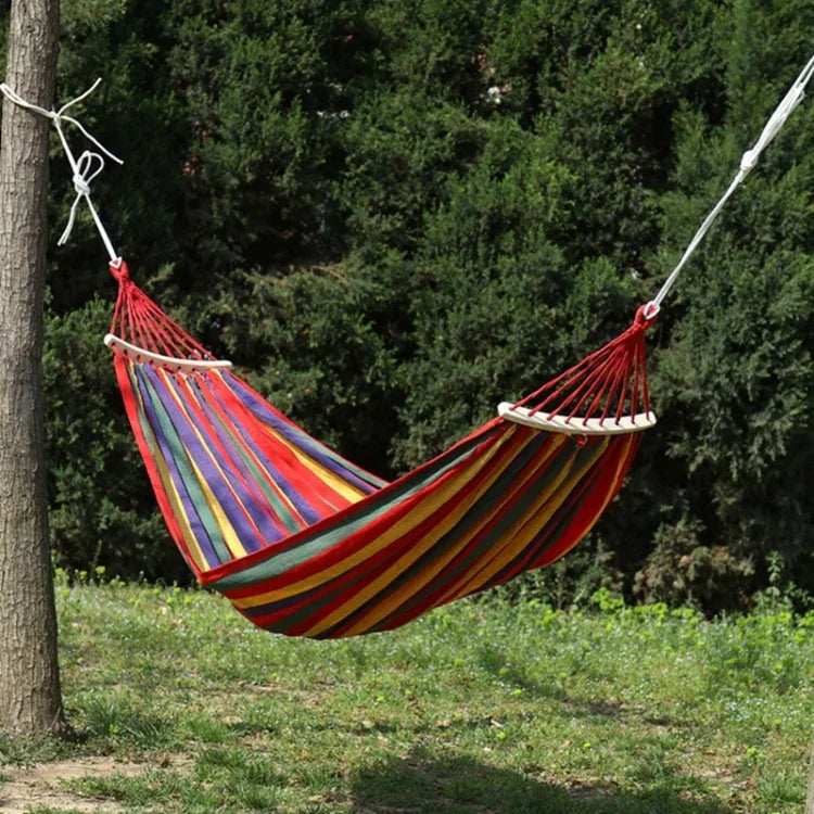 Hamac épais en toile, anti-retournement pour extérieur, 260x80 simple sans barre (Rayures rouges), 260x80 simple sans barre (Rayures bleues), 260x100 sans barre (Rayures rouges), 260x100 sans barre (Rayures bleues), 260x150 sans barre (Rayures rouges)...