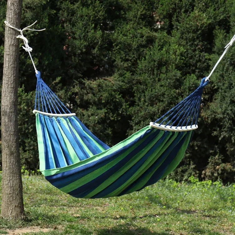 Hamac épais en toile, anti-retournement pour extérieur, 260x80 simple sans barre (Rayures rouges), 260x80 simple sans barre (Rayures bleues), 260x100 sans barre (Rayures rouges), 260x100 sans barre (Rayures bleues), 260x150 sans barre (Rayures rouges)...