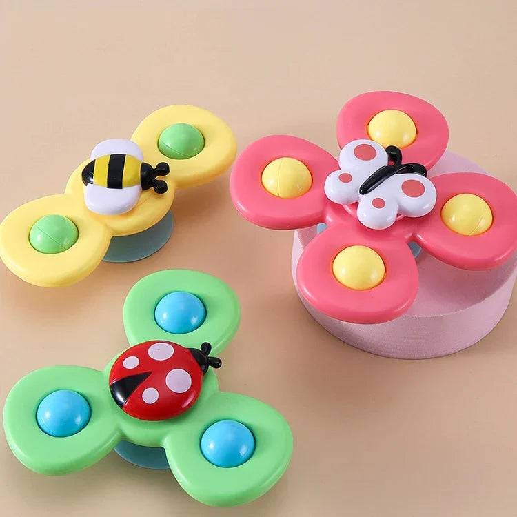 Hochet bébé 3 en 1, toupie à bout des doigts, insecte tricolore ventouse, jouet de bain amusant à tourner, Toupie à bout des doigts