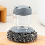 Brosse de nettoyage multifonction à poussoir, brosse de lavage de vaisselle avec ajout automatique de liquide détergent de cuisine, brosse à billes d'acier pour casseroles, brosse à casseroles en PET