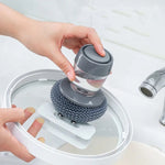 Brosse de nettoyage multifonction à poussoir, brosse de lavage de vaisselle avec ajout automatique de liquide détergent de cuisine, brosse à billes d'acier pour casseroles, brosse à casseroles en PET