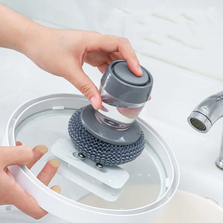 Brosse de nettoyage multifonction à poussoir, brosse de lavage de vaisselle avec ajout automatique de liquide détergent de cuisine, brosse à billes d'acier pour casseroles, brosse à casseroles en PET
