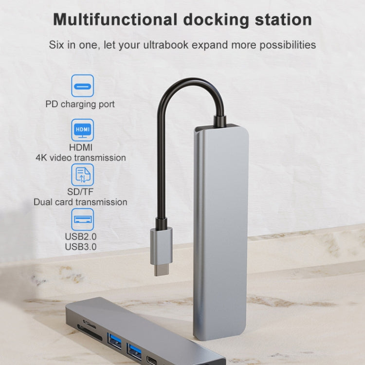 Station d'accueil HUB multifonction 6 en 1 USB-C / Type-C vers HDMI 4K + emplacement carte SD / TF + charge PD USB-C / Type-C + 2 ports USB 3.0, 6 en 1