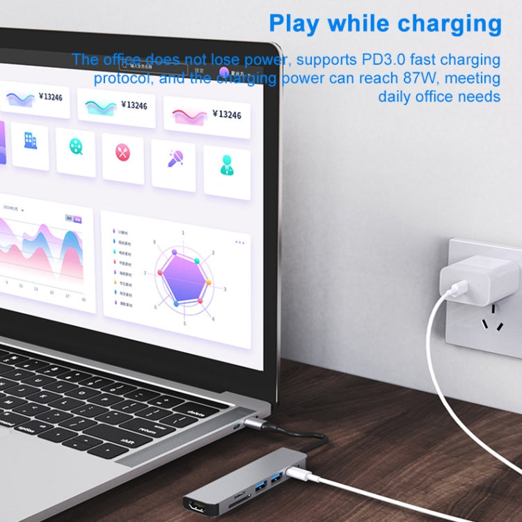 Station d'accueil HUB multifonction 6 en 1 USB-C / Type-C vers HDMI 4K + emplacement carte SD / TF + charge PD USB-C / Type-C + 2 ports USB 3.0, 6 en 1