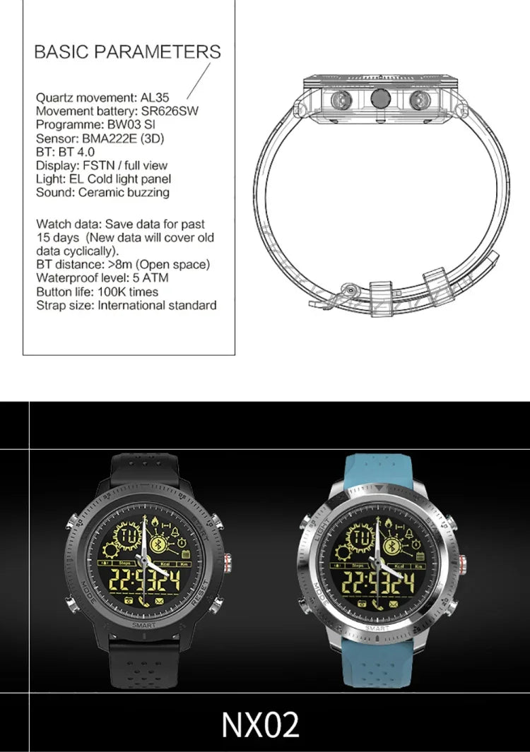Montre connectée NX02 Sport étanche IP67, suivi des calories, podomètre, chronomètre, rappel d'appels et de SMS