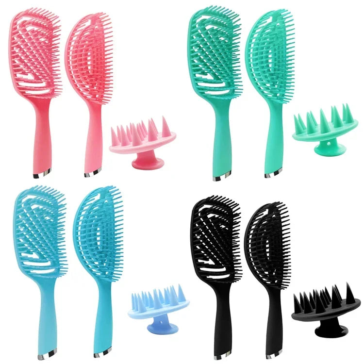 Lot de 3 peignes de coiffure en plastique pour cheveux bouclés, peigne à massage creux, rose 3 en 1, vert 3 en 1, noir 3 en 1, bleu 3 en 1
